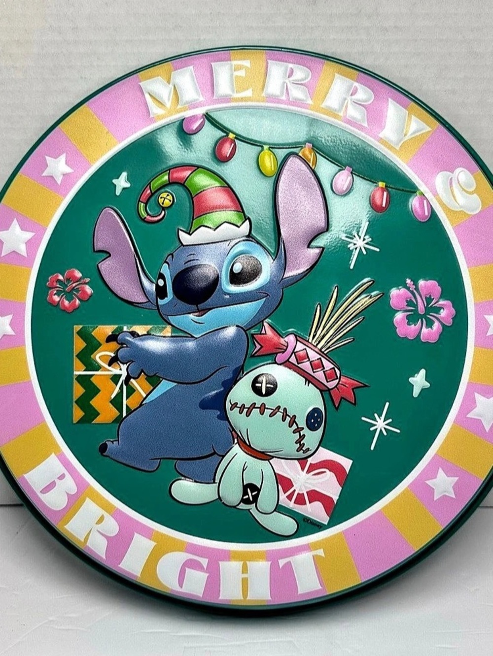 Disney Lilo & Stitch Christmas Holiday Decor Bottle Cap Sign Embossed Tin Art